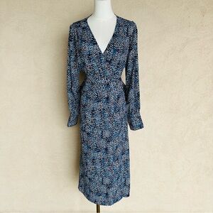 Halogen Blue and White Long Sleeve Wrap Dress Sz L NWT